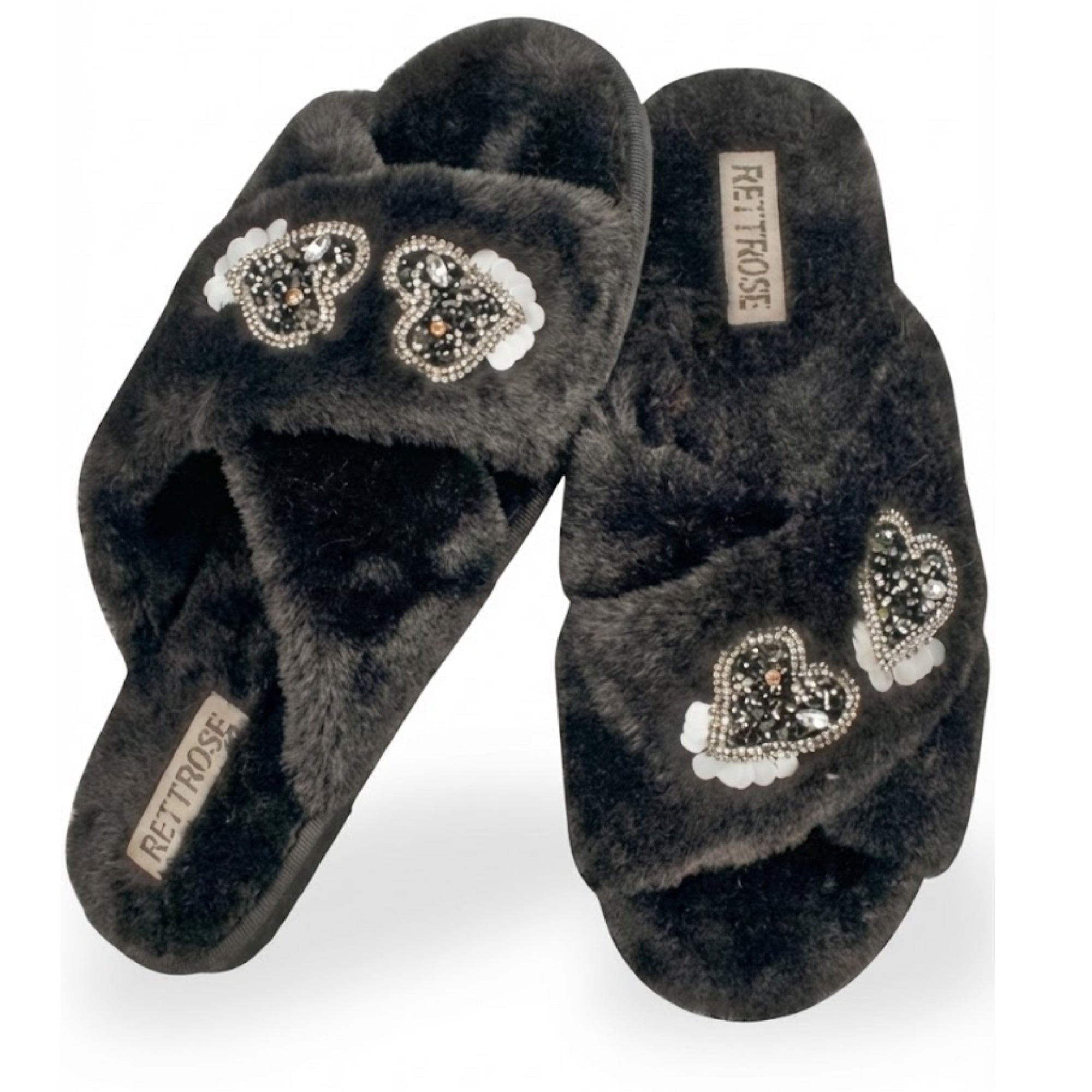 Katie Women’s Luxury Black Slippers – Lightweight Comfortable Handmade Plush Faux Fur Slippers with Diamanté Heart Embellishment