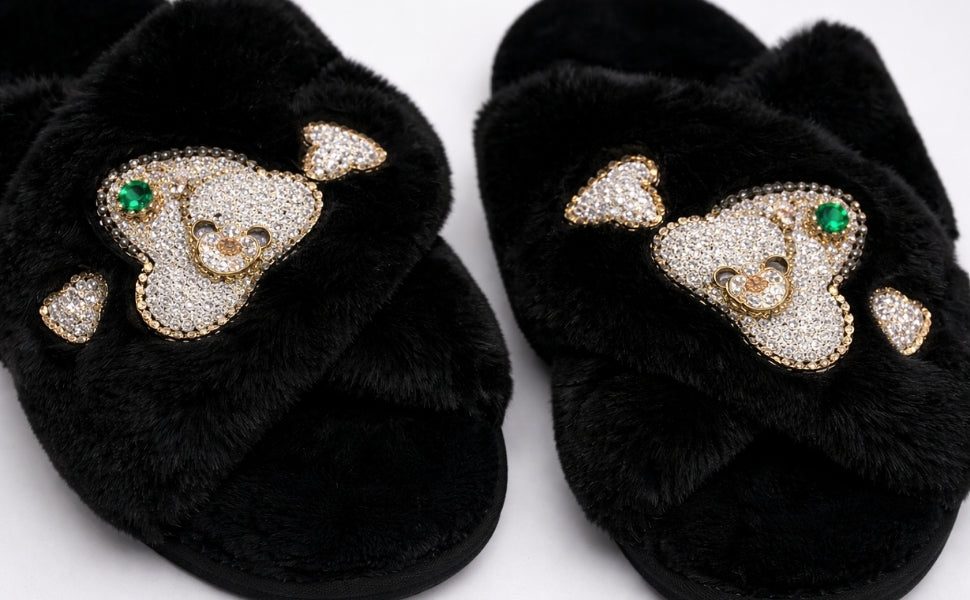 Emmy Black Luxury Plush Diamanté Embellished Handmade Slipper