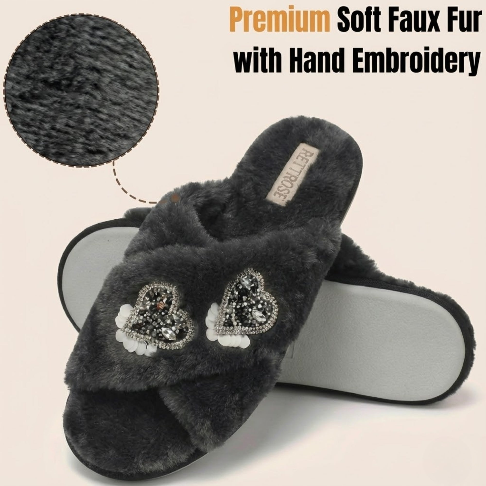 Katie Women’s Luxury Black Slippers – Lightweight Comfortable Handmade Plush Faux Fur Slippers with Diamanté Heart Embellishment