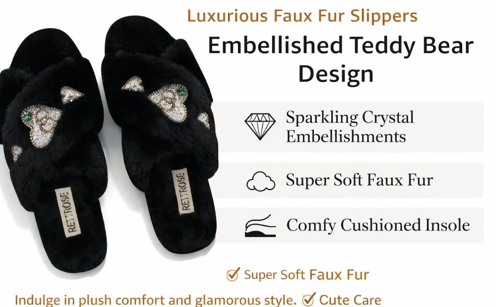 Emmy Black Luxury Plush Diamanté Embellished Handmade Slipper