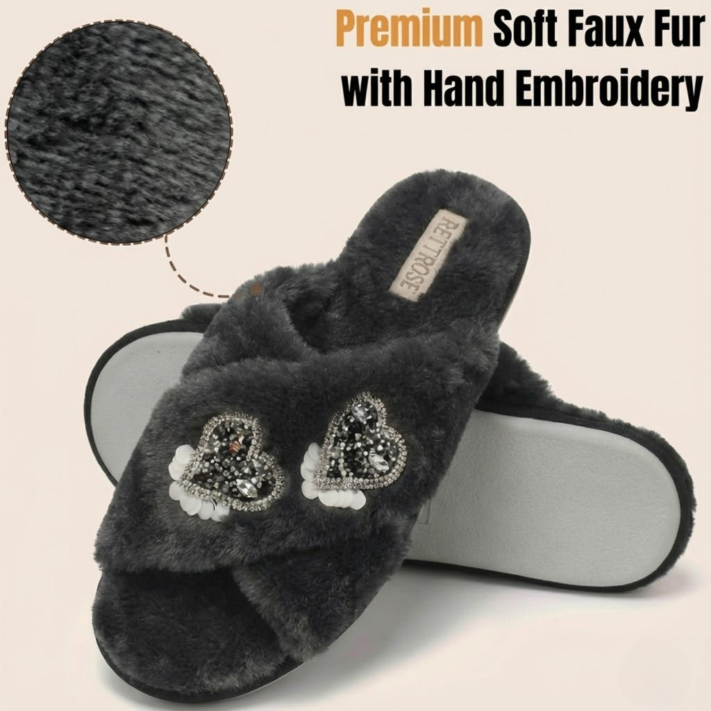 Katie Black Luxury Plush Diamanté Heart Embellished Handmade Slipper