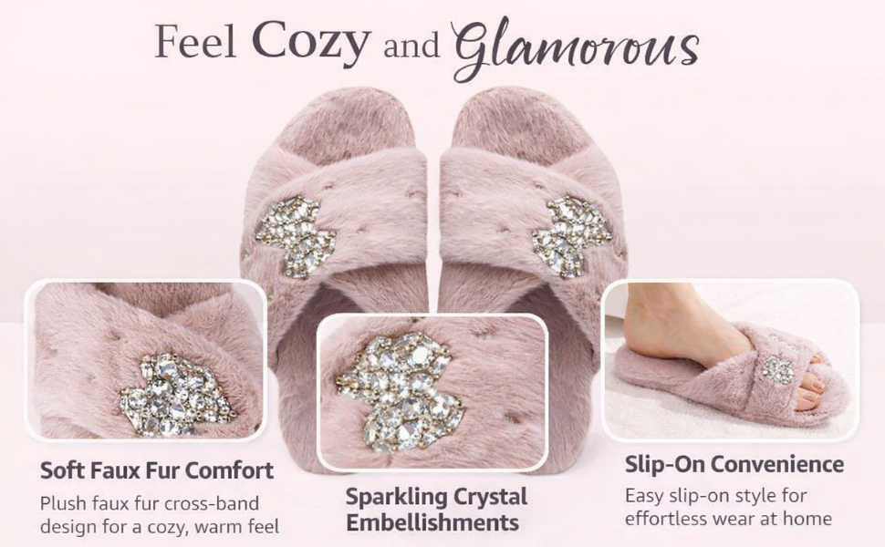 Fefe Women’s Luxury Dusky Pink Slippers – Handmade Faux Fur Plush Slippers with Diamanté Bow | Comfortable & Elegant Indoor Footwear