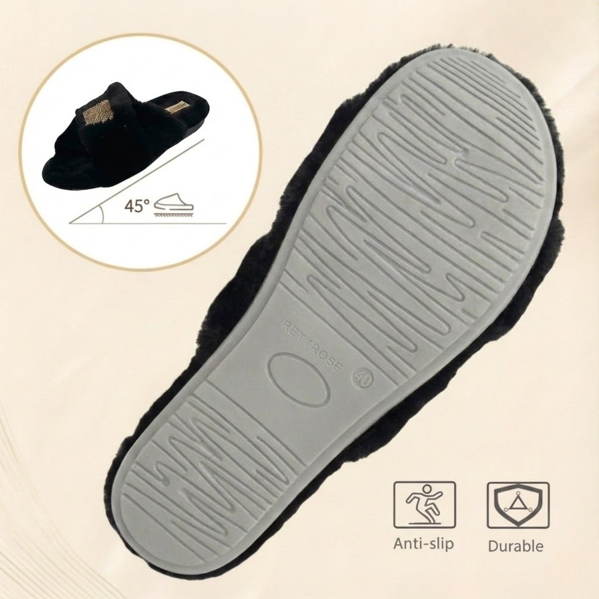 Katie Women’s Luxury Black Slippers – Lightweight Comfortable Handmade Plush Faux Fur Slippers with Diamanté Heart Embellishment