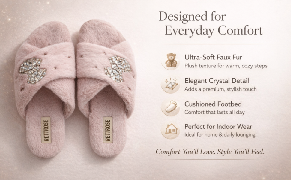 Fefe Women’s Luxury Dusky Pink Slippers – Handmade Faux Fur Plush Slippers with Diamanté Bow | Comfortable & Elegant Indoor Footwear