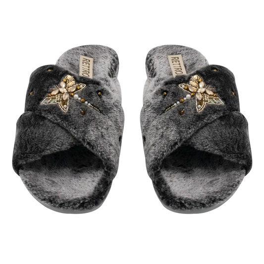 Sofia Charcoal Luxury Plush Diamanté Embellished Handmade Slipper