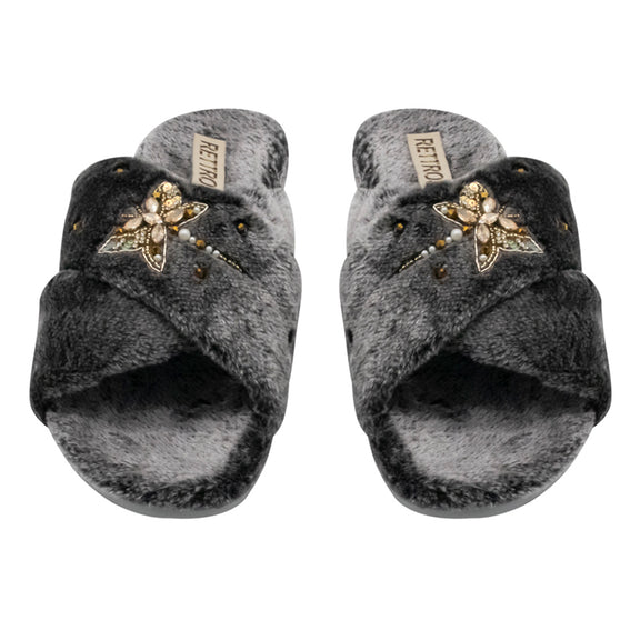 Sofia Charcoal Luxury Plush Diamanté Embellished Handmade Slipper