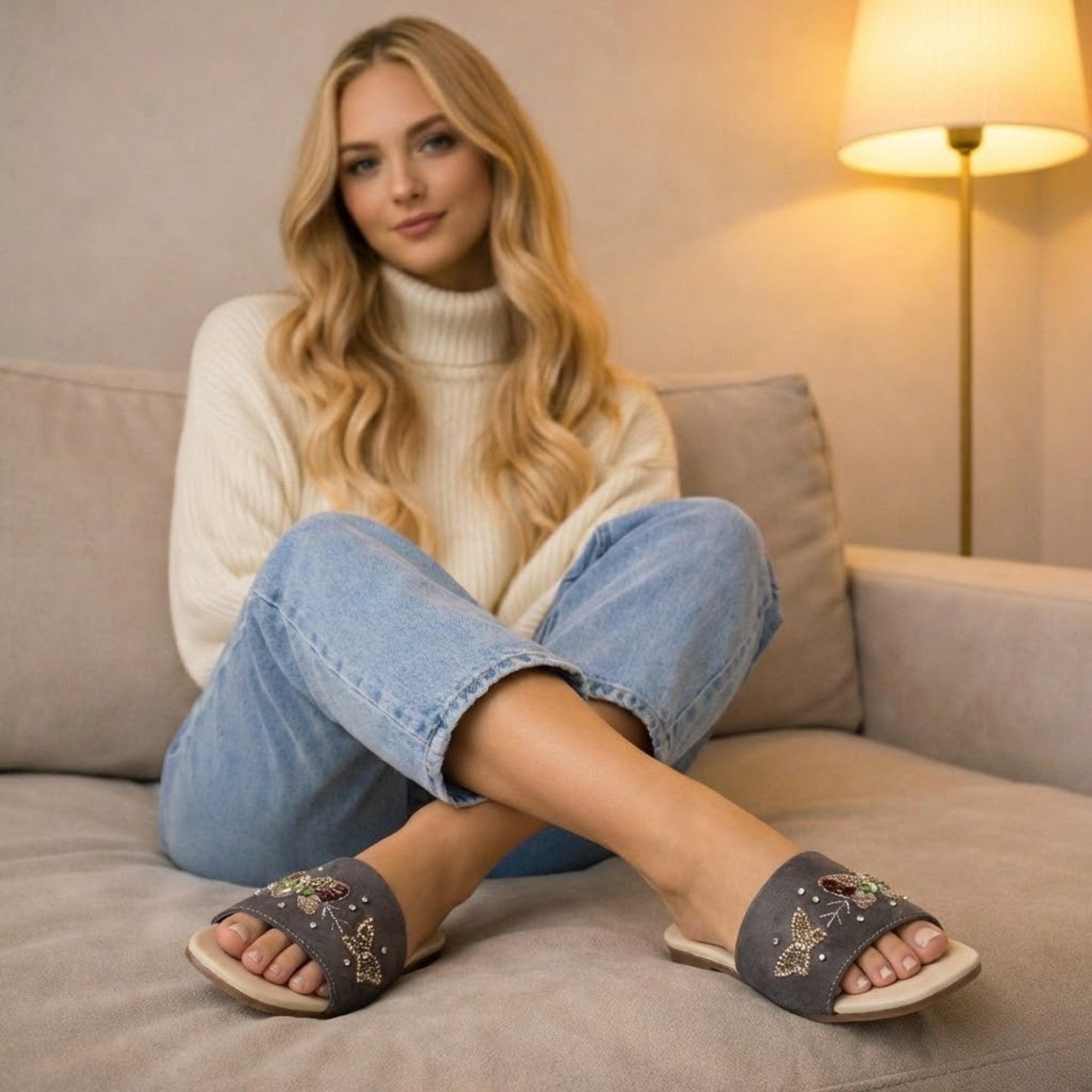 Saylor Women’s Luxury Sliders – Brown & Beige Handmade Comfortable Slippers with Diamanté Appliqué | Elegant Footwear