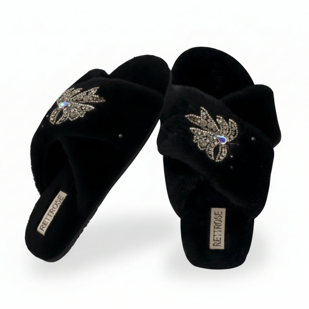 Katherine Black Luxury Plush Diamanté Embellished Handmade Slipper