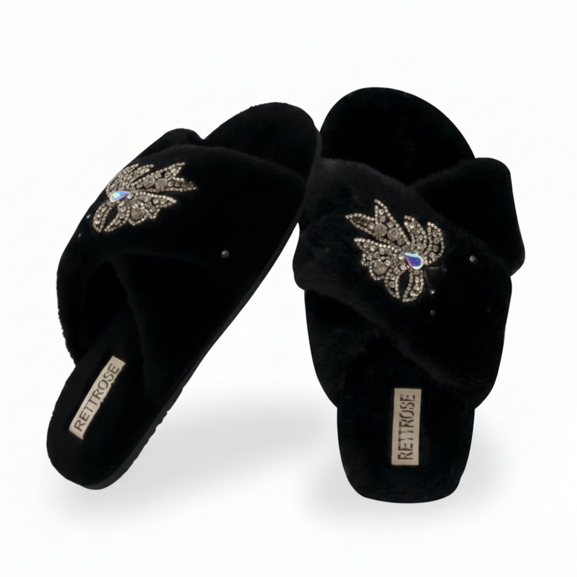 Katherine Black Luxury Plush Diamanté Embellished Handmade Slipper
