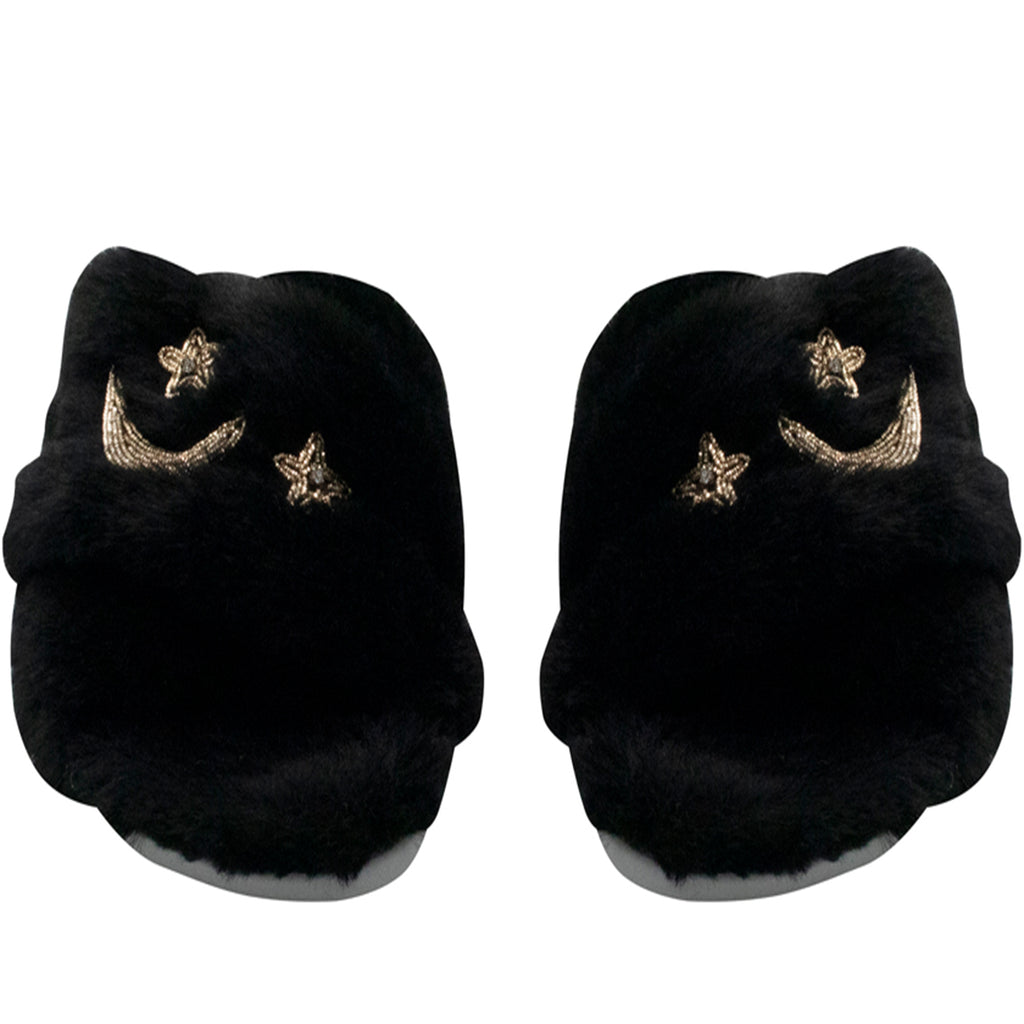 Isabel Black Luxury Plush Diamanté Embellished Handmade Slipper