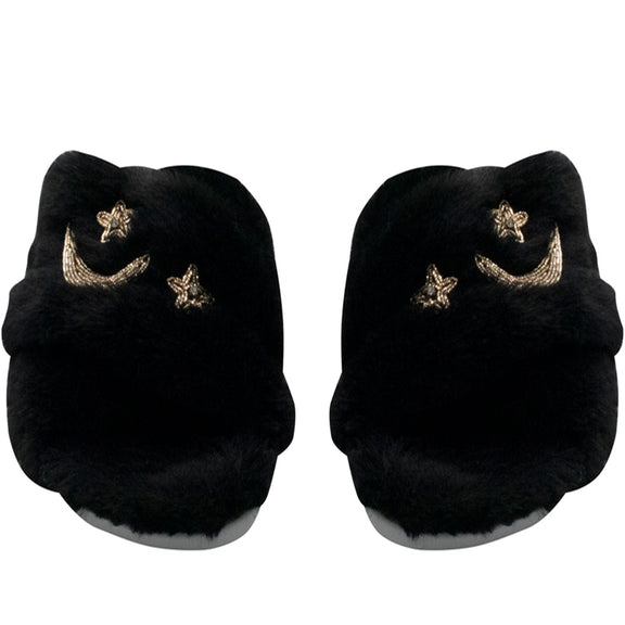 Isabel Black Luxury Plush Diamanté Embellished Handmade Slipper
