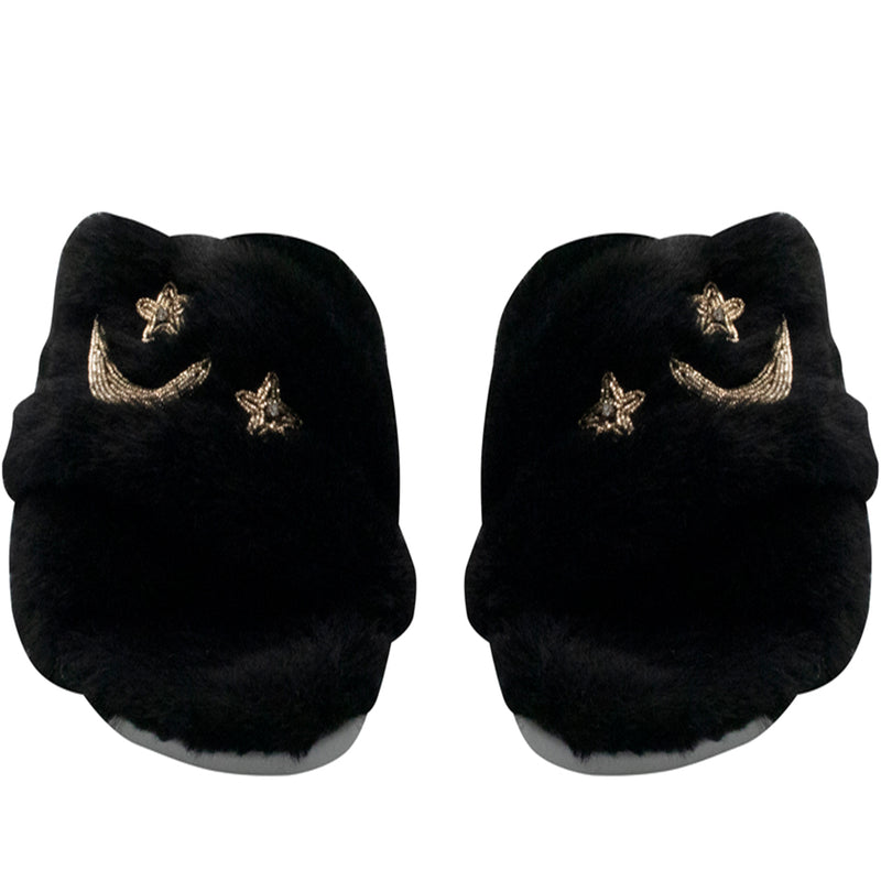 Isabel Black Luxury Plush Diamanté Embellished Handmade Slipper