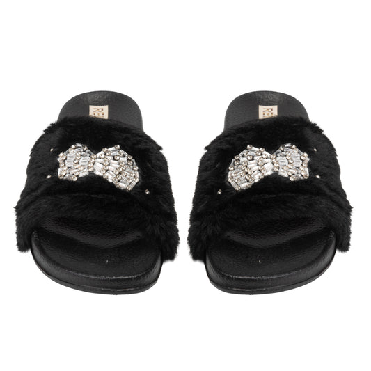 The Ava Noir Luxury Plush Diamanté Embellished Handmade Sliders | RETTROSE |