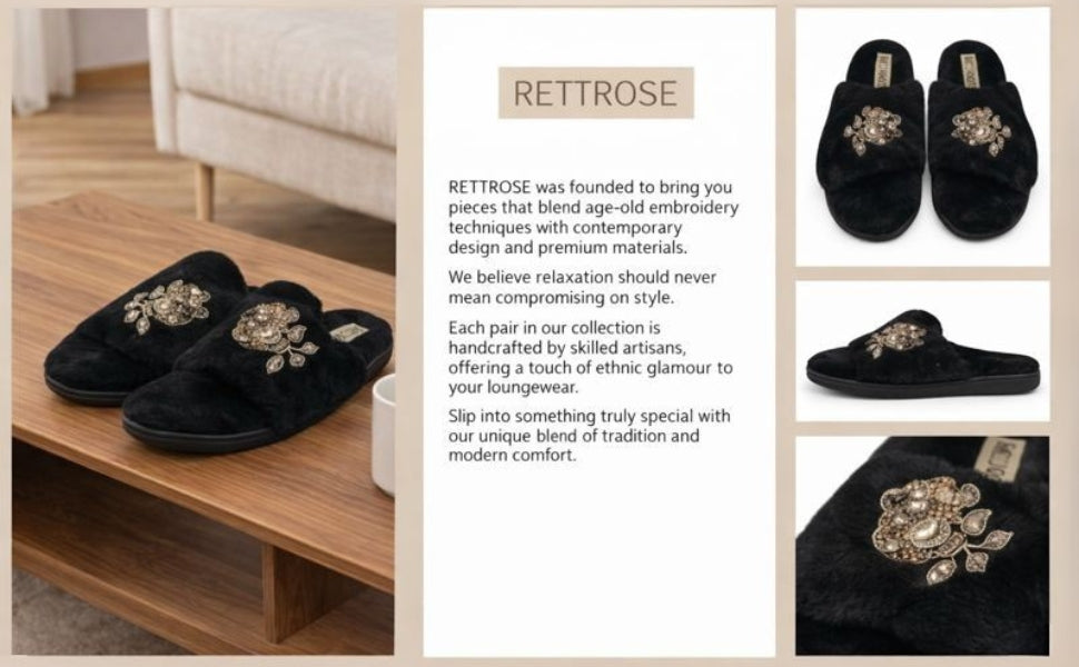 Ember Black Luxury Plush Diamanté Embellished Handmade Slipper