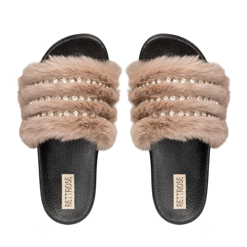 The Anita Mink Luxury Plush Diamanté Embellished Handmade Sliders | RETTROSE |