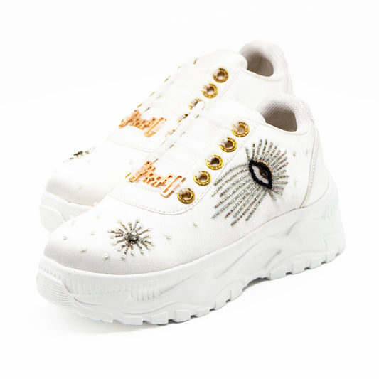 Cielo  Luxury White Satin Handmade Embellished Trainers