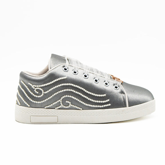 Clara Luxury Silver Satin Handmade Embellished Tennis Shoe