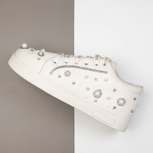 Nova Luxury White Suede Handmade Embellished Tennis Shoe