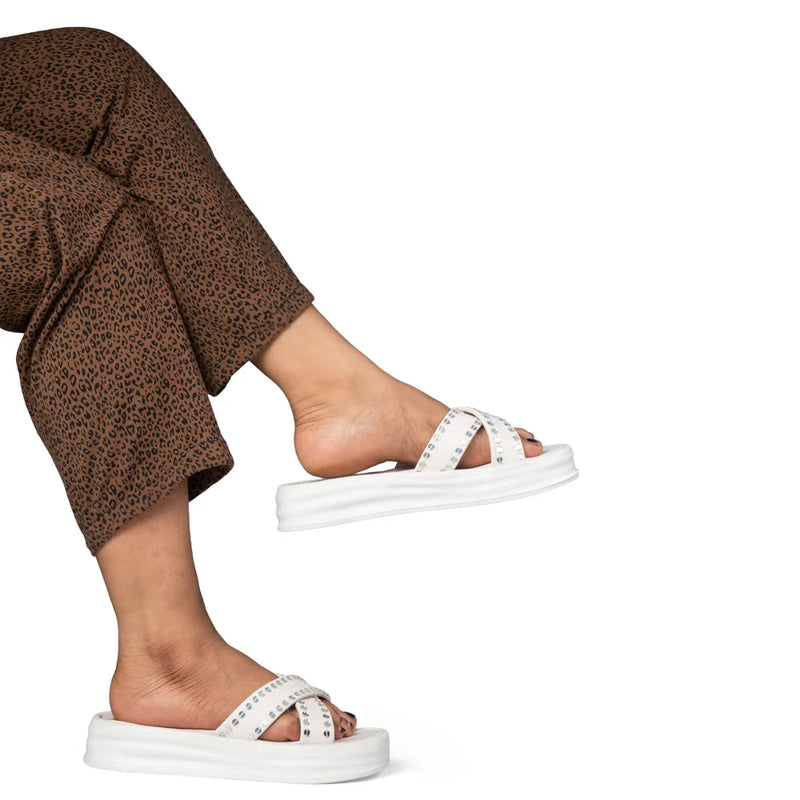 The Aurora White Luxury Cross Over Embellished Slides