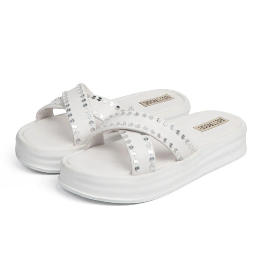 The Aurora White Luxury Cross Over Embellished Slides