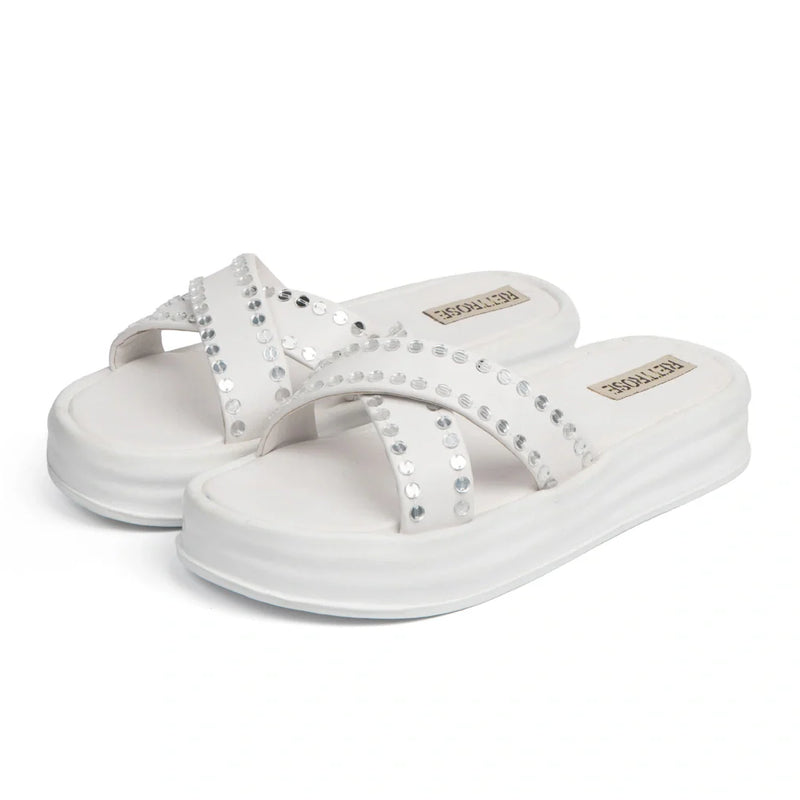 The Aurora White Luxury Cross Over Embellished Slides