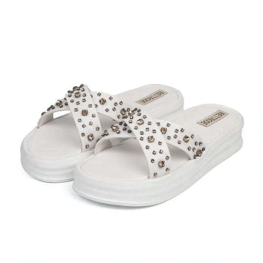 The Aurora White Luxury Cross Over Embellished Slides