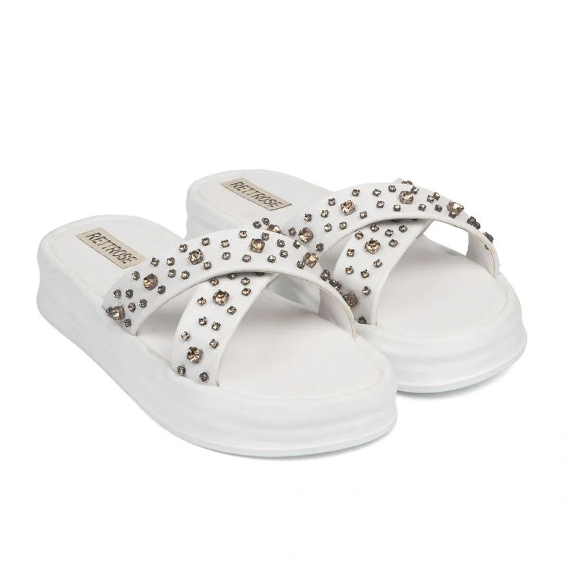 The Aurora White Luxury Cross Over Embellished Slides
