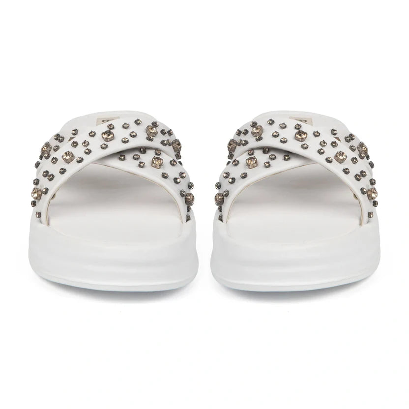 The Aurora White Luxury Cross Over Embellished Slides