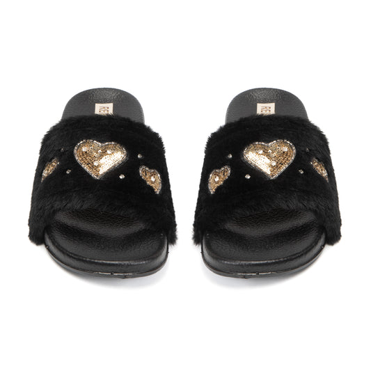 The Ella Noir Luxury Plush Diamanté Embellished Handmade Sliders | RETTROSE |