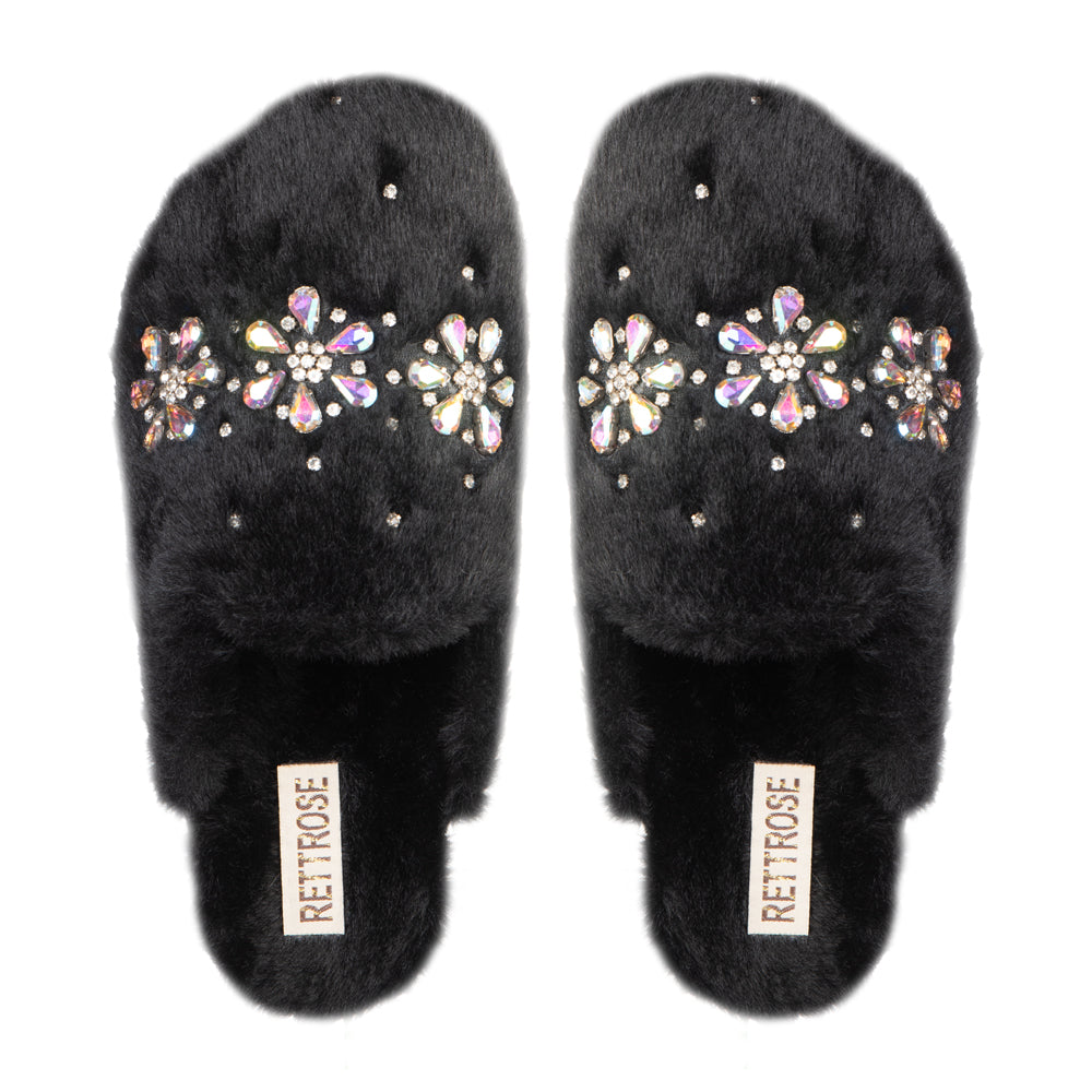Kamila Black Women’s Luxury Slippers – Plush Handmade Faux Fur Slippers with Diamanté Embellishment