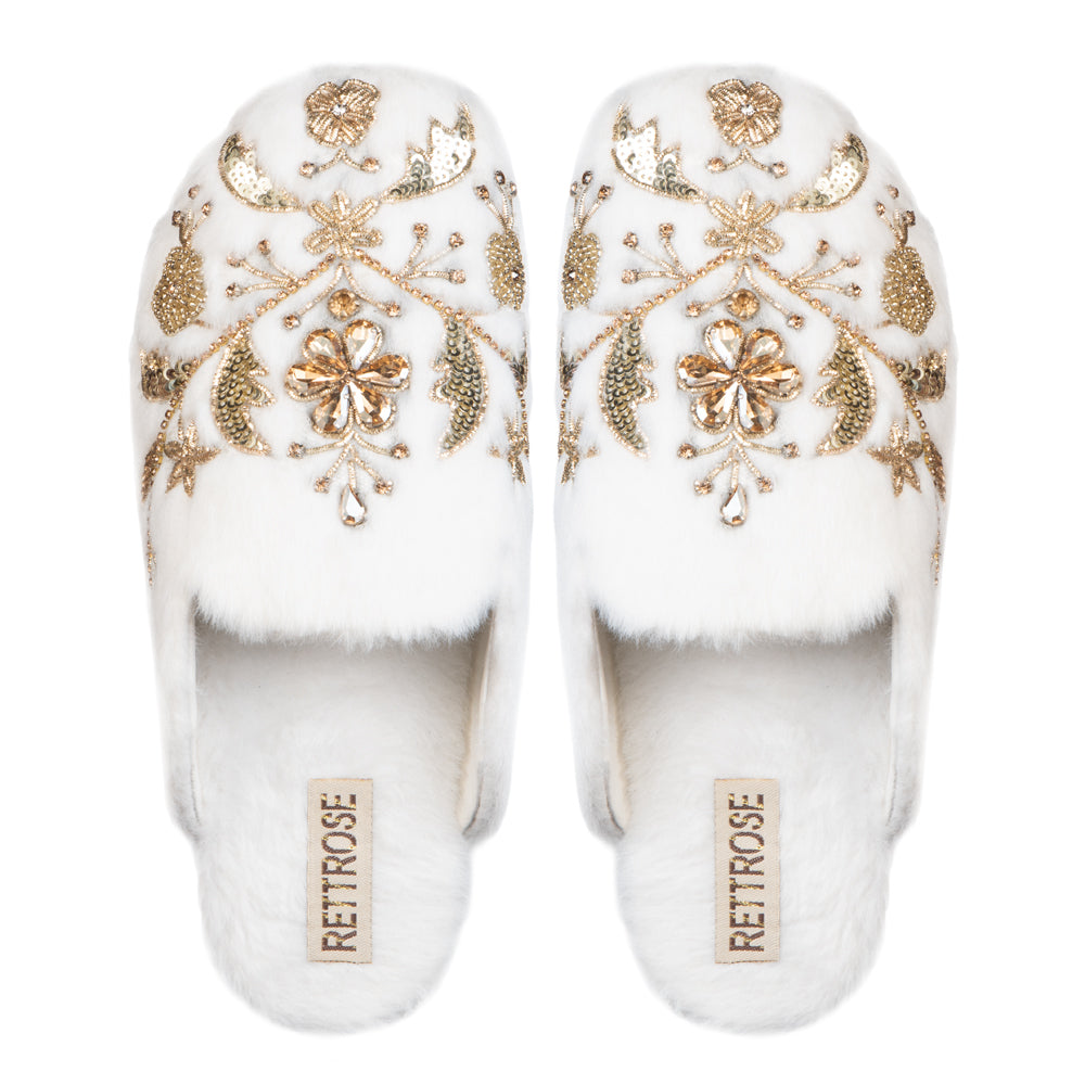 Annie Cream Luxury Plush Diamanté Embellished Handmade Slipper