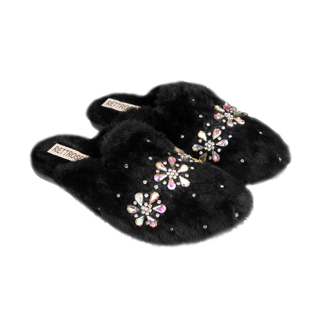 Kamila Black Women’s Luxury Slippers – Plush Handmade Faux Fur Slippers with Diamanté Embellishment