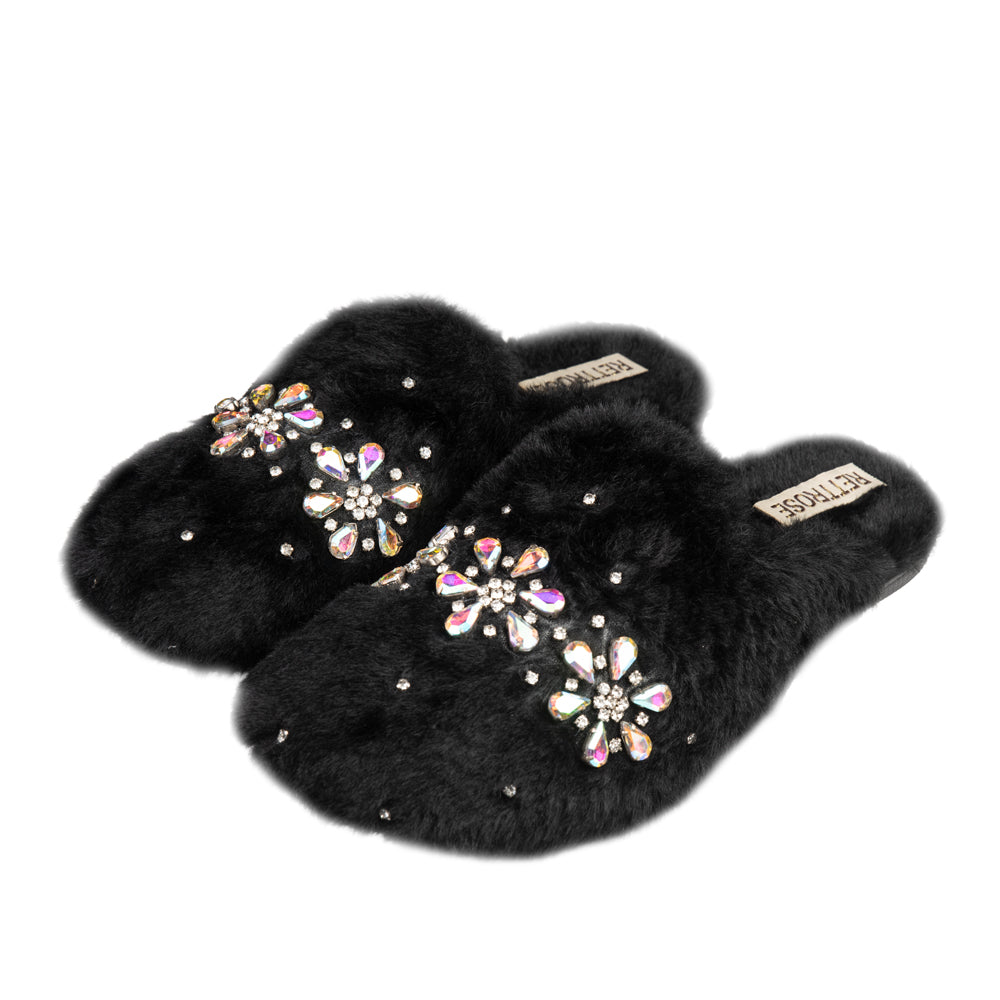 Kamila Black Women’s Luxury Slippers – Plush Handmade Faux Fur Slippers with Diamanté Embellishment