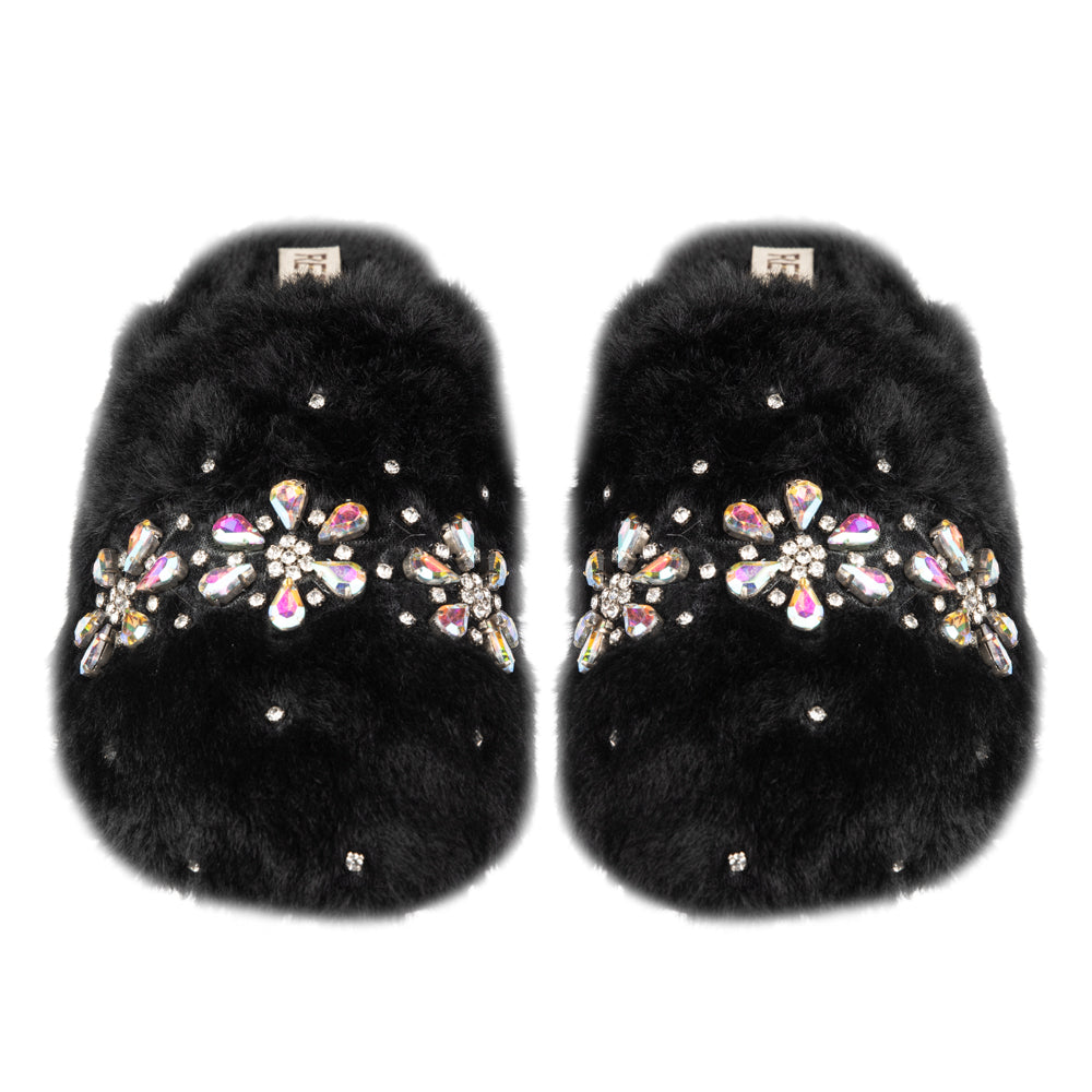 Kamila Black Women’s Luxury Slippers – Plush Handmade Faux Fur Slippers with Diamanté Embellishment
