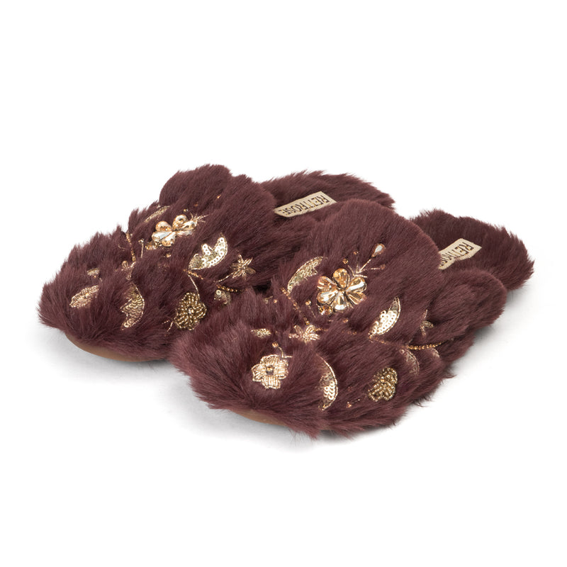 The Annie Wine Luxury Handmade Women’s Slippers – Faux Fur Front-Covered, Comfortable,  Diamanté Embellished
