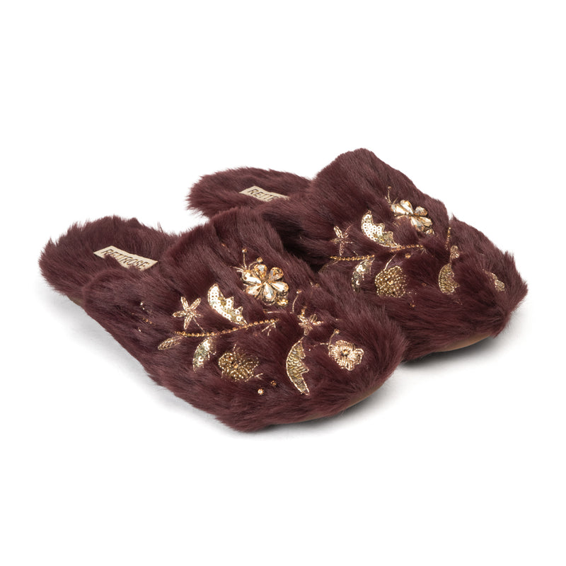 The Annie Wine Luxury Handmade Women’s Slippers – Faux Fur Front-Covered, Comfortable,  Diamanté Embellished