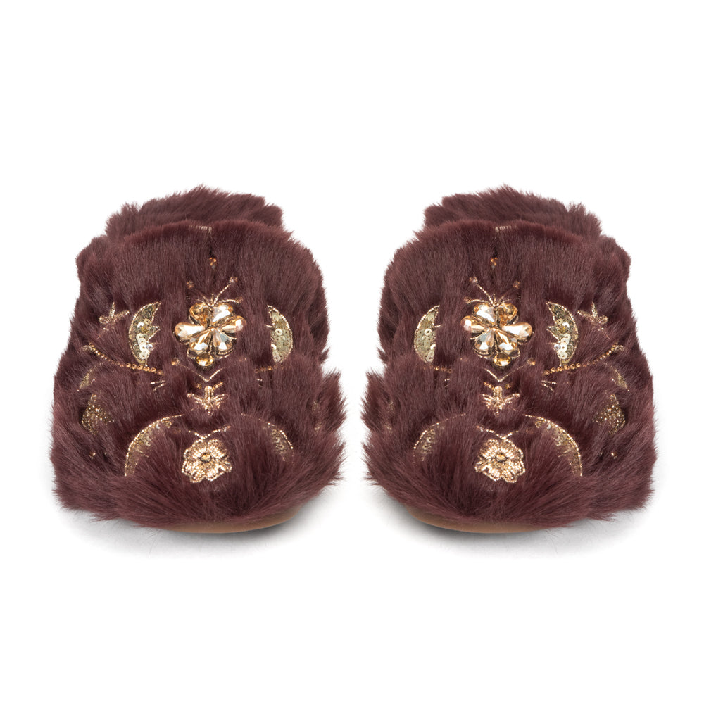 The Annie Wine Luxury Handmade Women’s Slippers – Faux Fur Front-Covered, Comfortable,  Diamanté Embellished