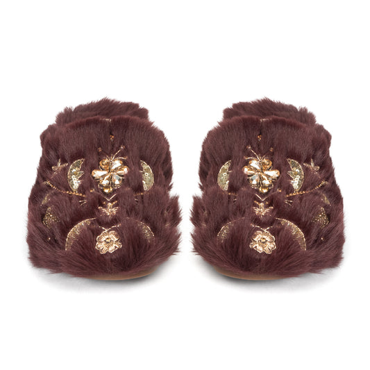 The Annie Wine Luxury Handmade Women’s Slippers – Faux Fur Front-Covered, Comfortable,  Diamanté Embellished