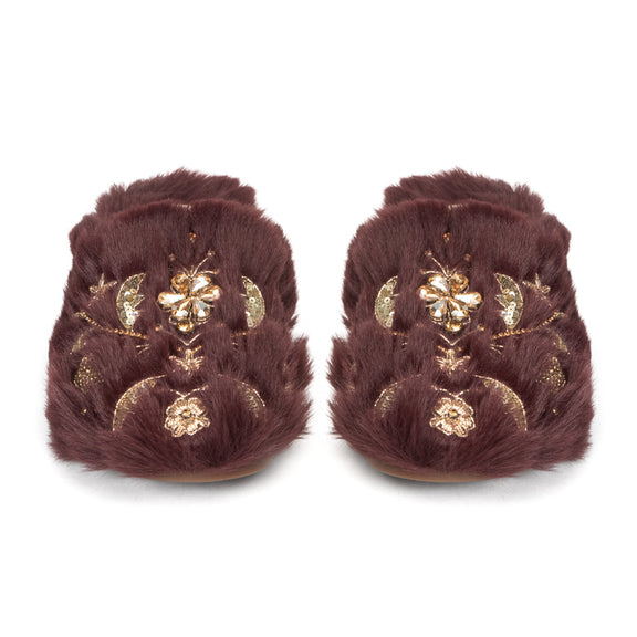 The Annie Wine Luxury Handmade Women’s Slippers – Faux Fur Front-Covered, Comfortable,  Diamanté Embellished