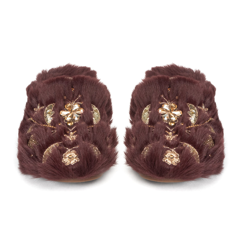 The Annie Wine Luxury Handmade Women’s Slippers – Faux Fur Front-Covered, Comfortable,  Diamanté Embellished