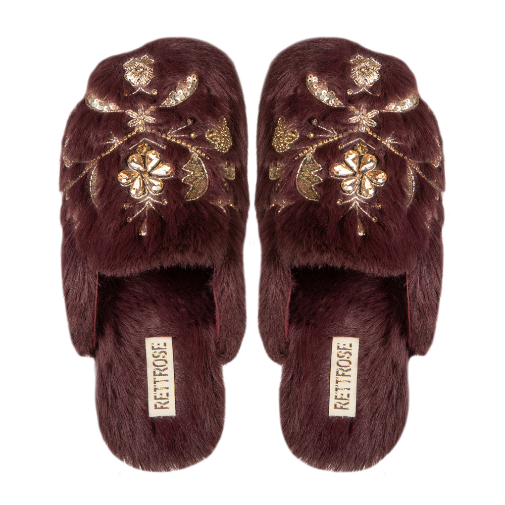 The Annie Wine Luxury Handmade Women’s Slippers – Faux Fur Front-Covered, Comfortable,  Diamanté Embellished
