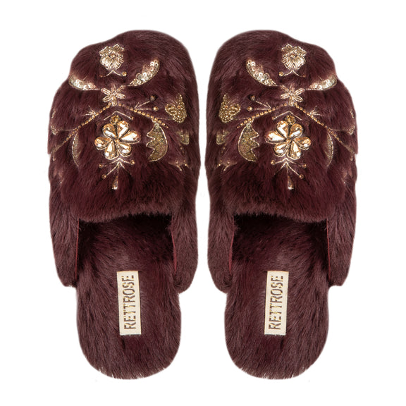 The Annie Wine Luxury Handmade Women’s Slippers – Faux Fur Front-Covered, Comfortable,  Diamanté Embellished