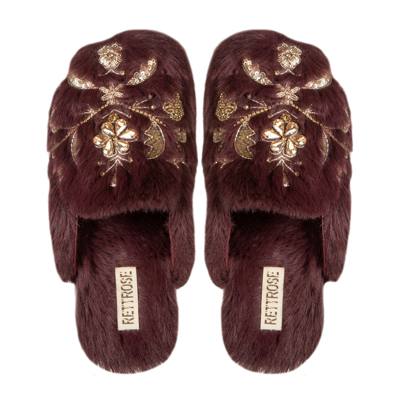 The Annie Wine Luxury Handmade Women’s Slippers – Faux Fur Front-Covered, Comfortable,  Diamanté Embellished