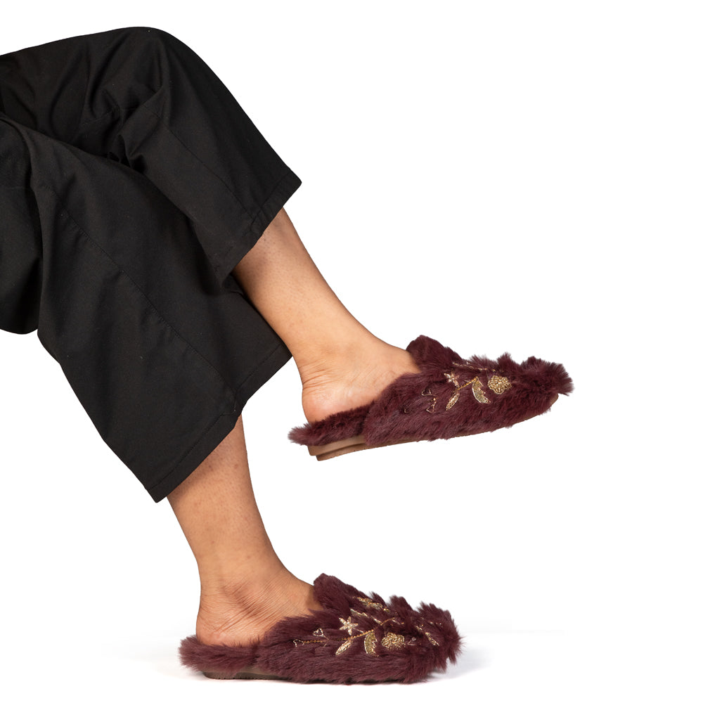 The Annie Wine Luxury Handmade Women’s Slippers – Faux Fur Front-Covered, Comfortable,  Diamanté Embellished