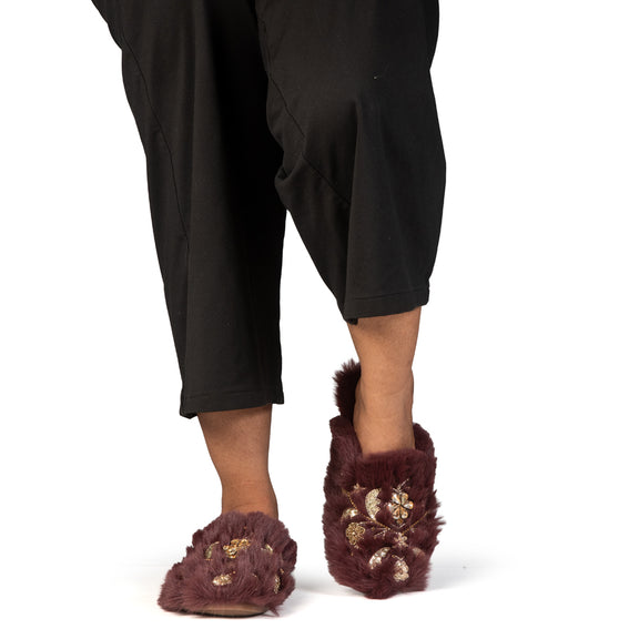The Annie Wine Luxury Handmade Women’s Slippers – Faux Fur Front-Covered, Comfortable,  Diamanté Embellished