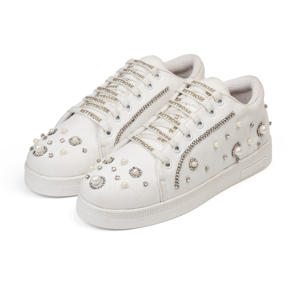 Nova Luxury White Suede Handmade Embellished Tennis Shoe