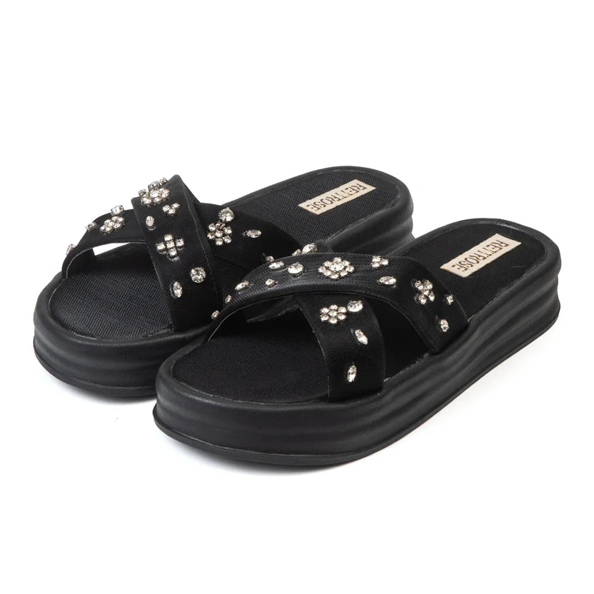 The Giana Black Luxury Cross Over Embellished Slides