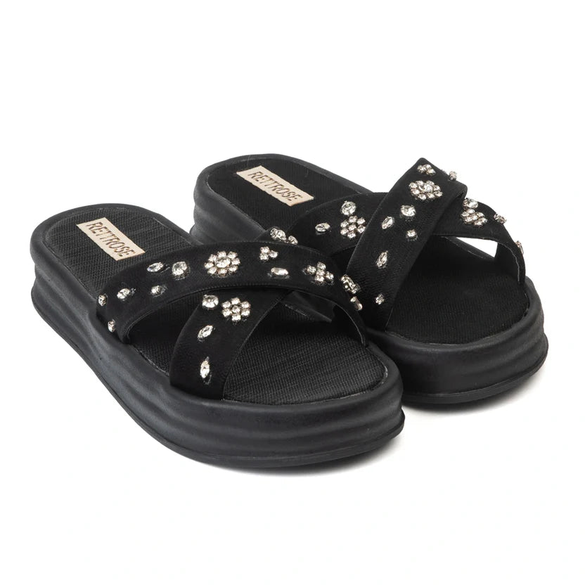 The Giana Black Luxury Cross Over Embellished Slides