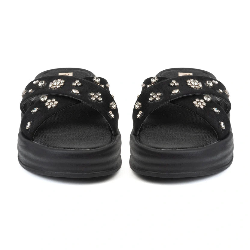 The Giana Black Luxury Cross Over Embellished Slides
