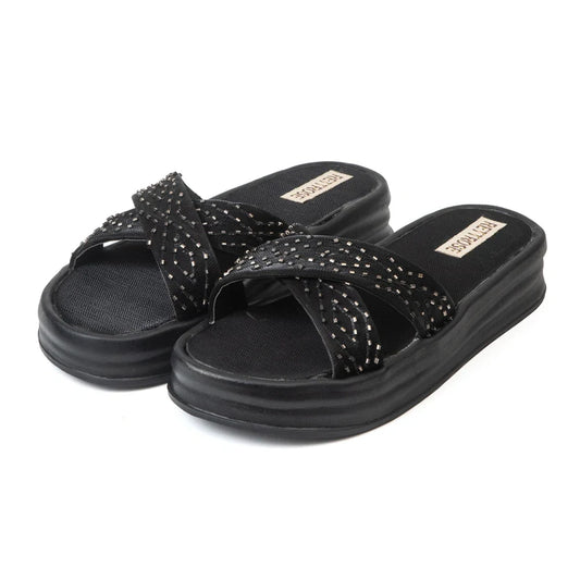 The Shiloh Black Luxury Cross Over Embellished Slides